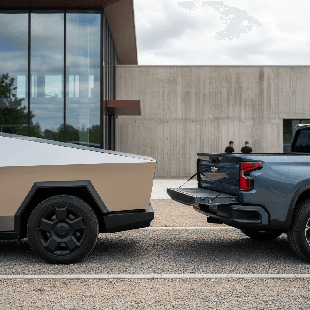 Tesla Cybertruck and Chevy Silverado EV parked side by side, highlighting different bed and cab designs
