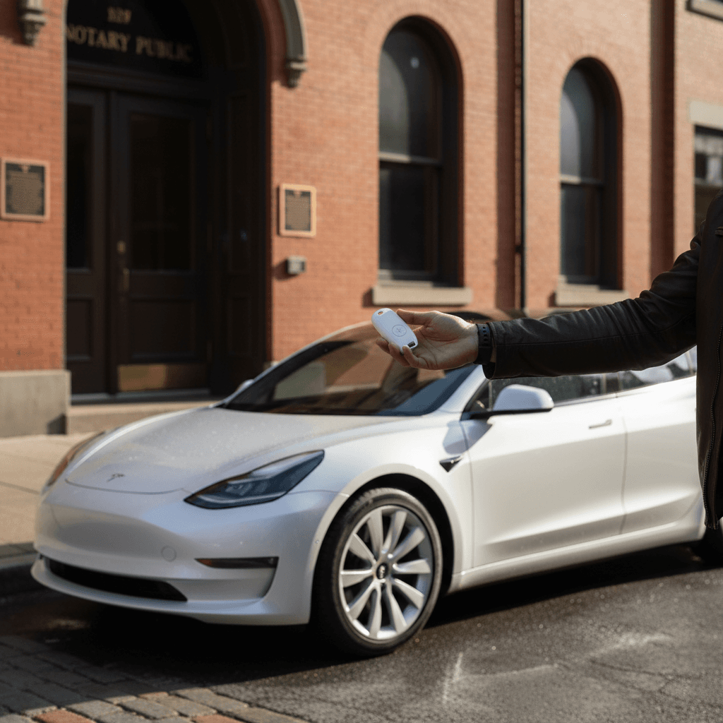 Owner handing keys of a Tesla Model 3 to a buyer in front of a Pennsylvania notary office