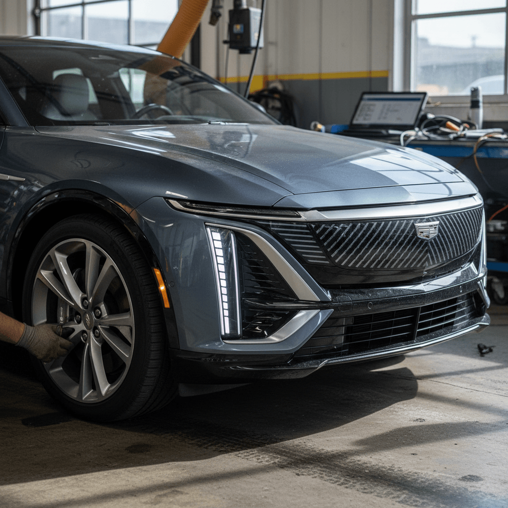 Cadillac Lyriq in a service bay with technician inspecting front corner and wheel