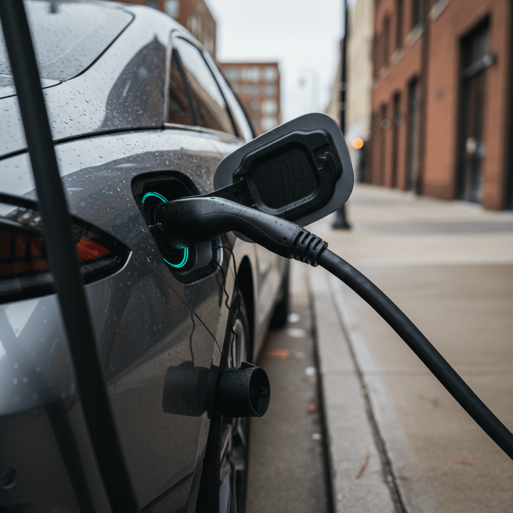 A 2023 Hyundai Ioniq 6 plugged into a DC fast charger, showing charging status on the station display