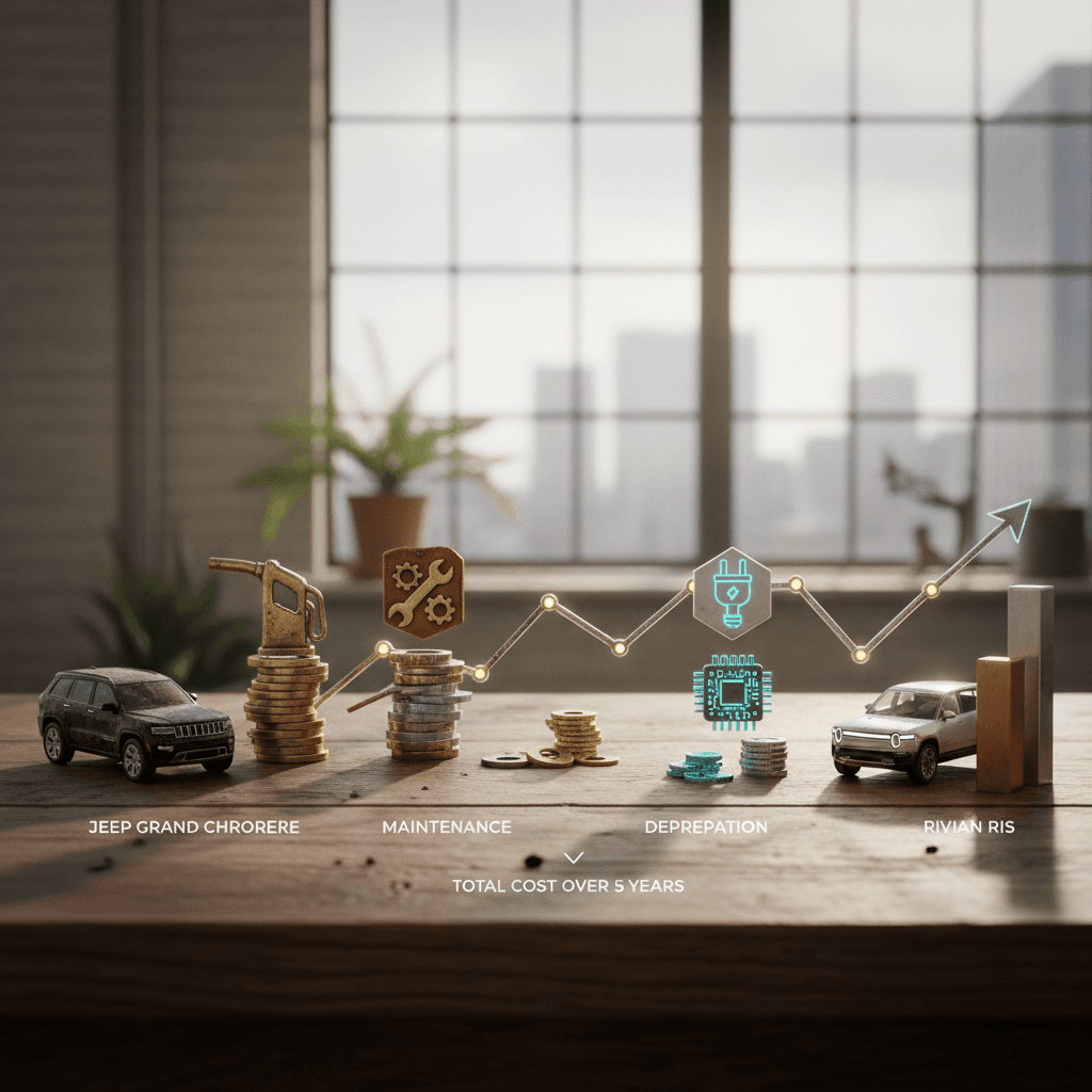 Side by side cost comparison graphic for Jeep Grand Cherokee versus Rivian R1S showing differences in energy, maintenance, insurance, and depreciation over five years