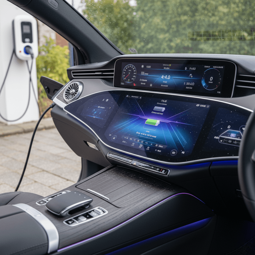 2024 Mercedes EQS interior with Hyperscreen and ambient lighting while plugged in at a home charger