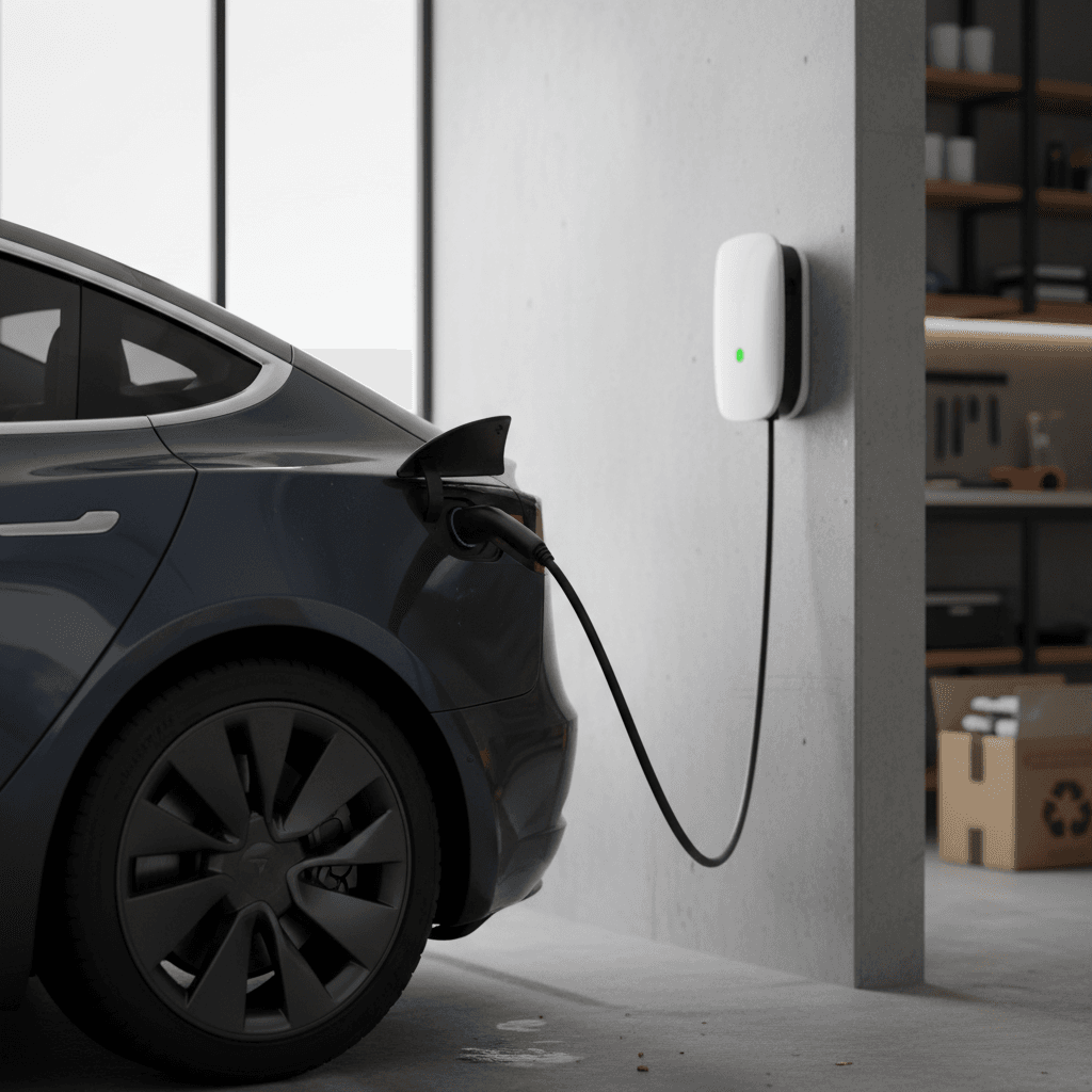 2025 Tesla Model 3 plugged into a home wallbox charger in a modern garage
