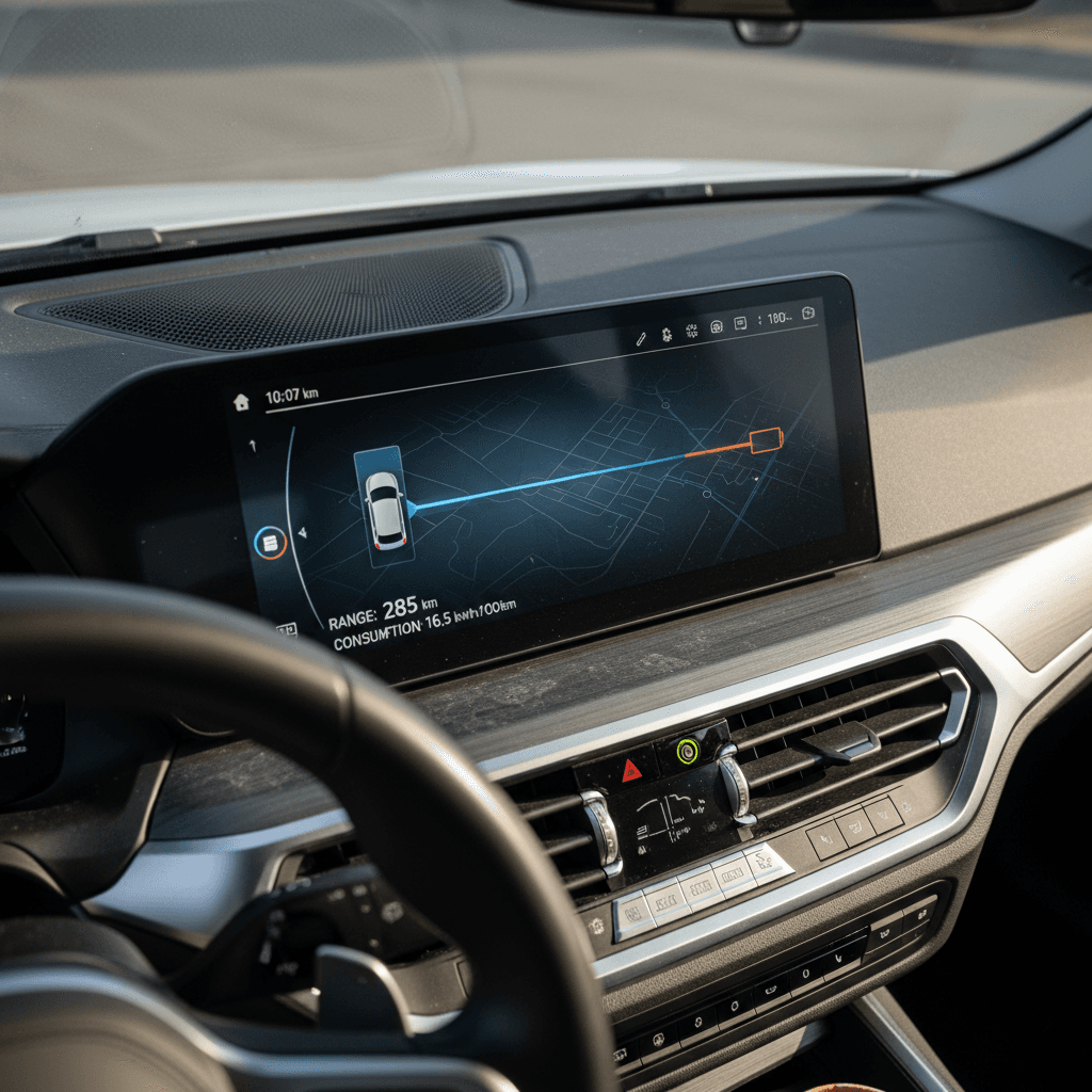 BMW i4 interior display showing efficiency and cost per mile data while driving