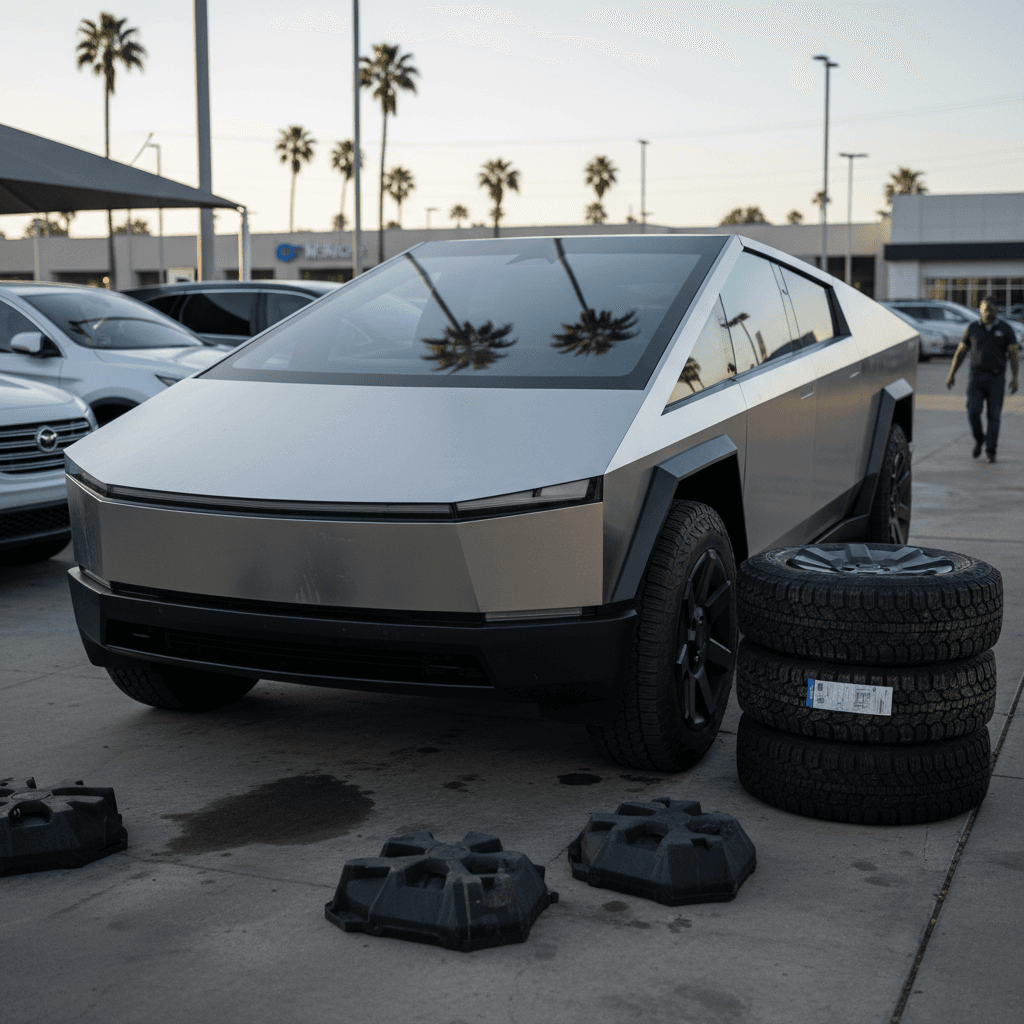 Tesla Cybertruck parked at a dealership lot with multiple EVs in the background