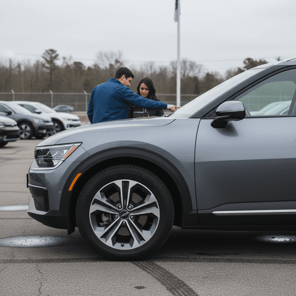 Used Kia EV9 parked at a dealership fast-charging station with owner reviewing trip plans on phone