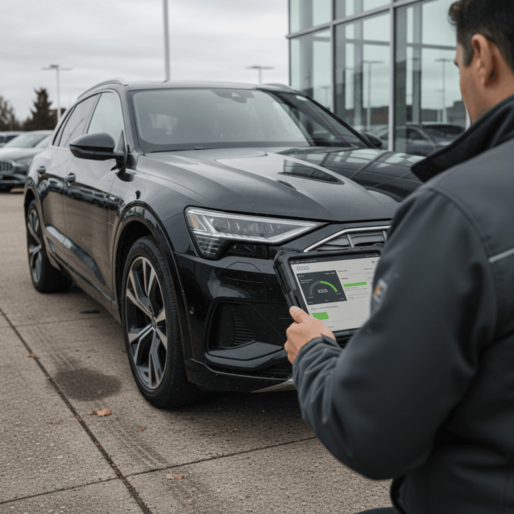 Technician inspecting a used Audi Q8 e-tron with a tablet to document battery health and condition before trade-in