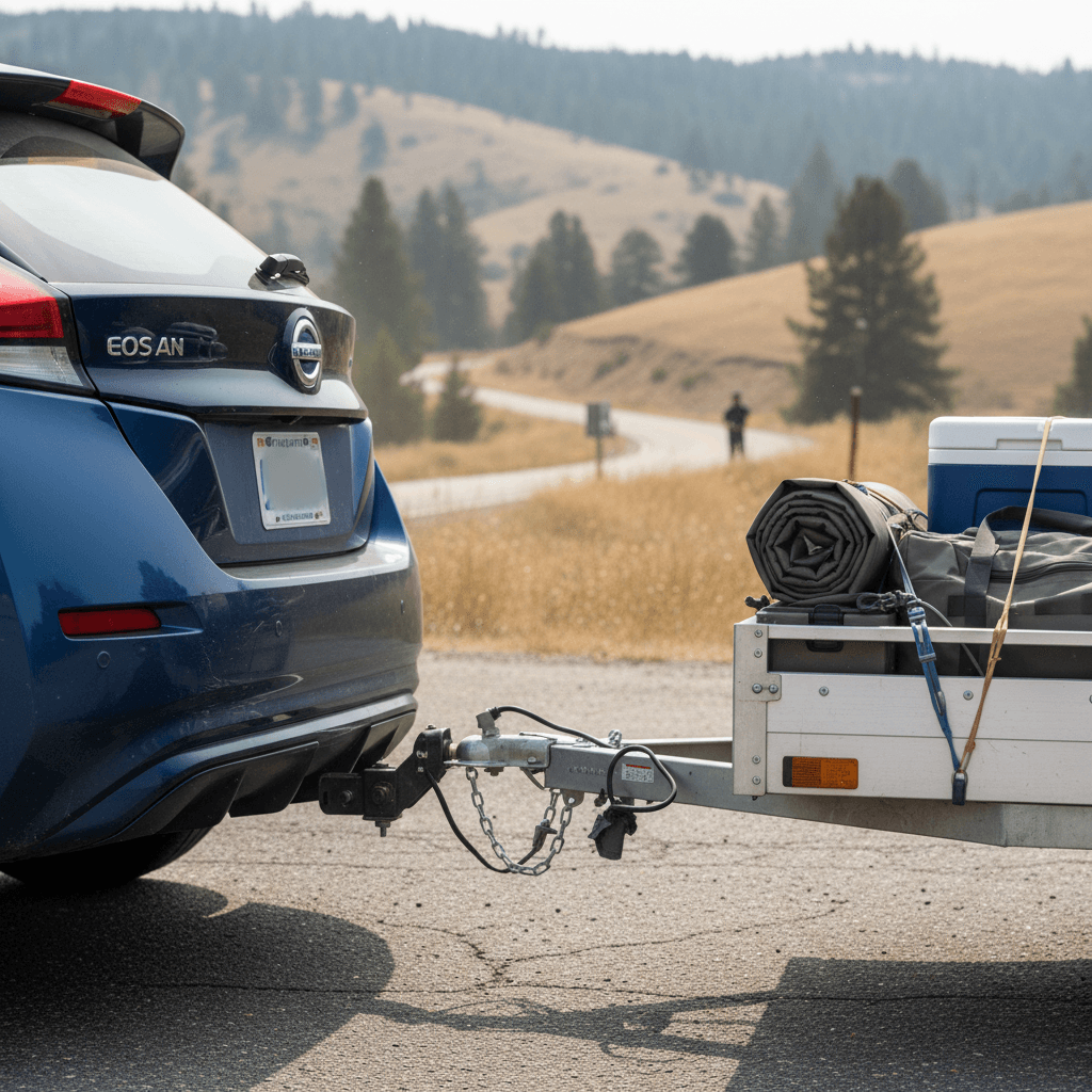 Nissan Leaf with a hitch towing a low utility trailer loaded with gardening supplies down a neighborhood street
