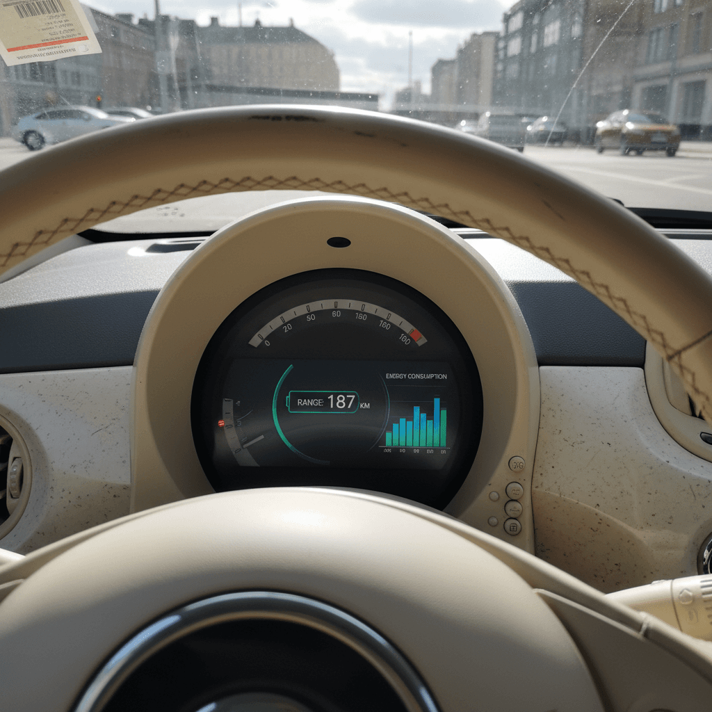 Driver display of a Fiat 500e showing battery range and energy consumption readouts