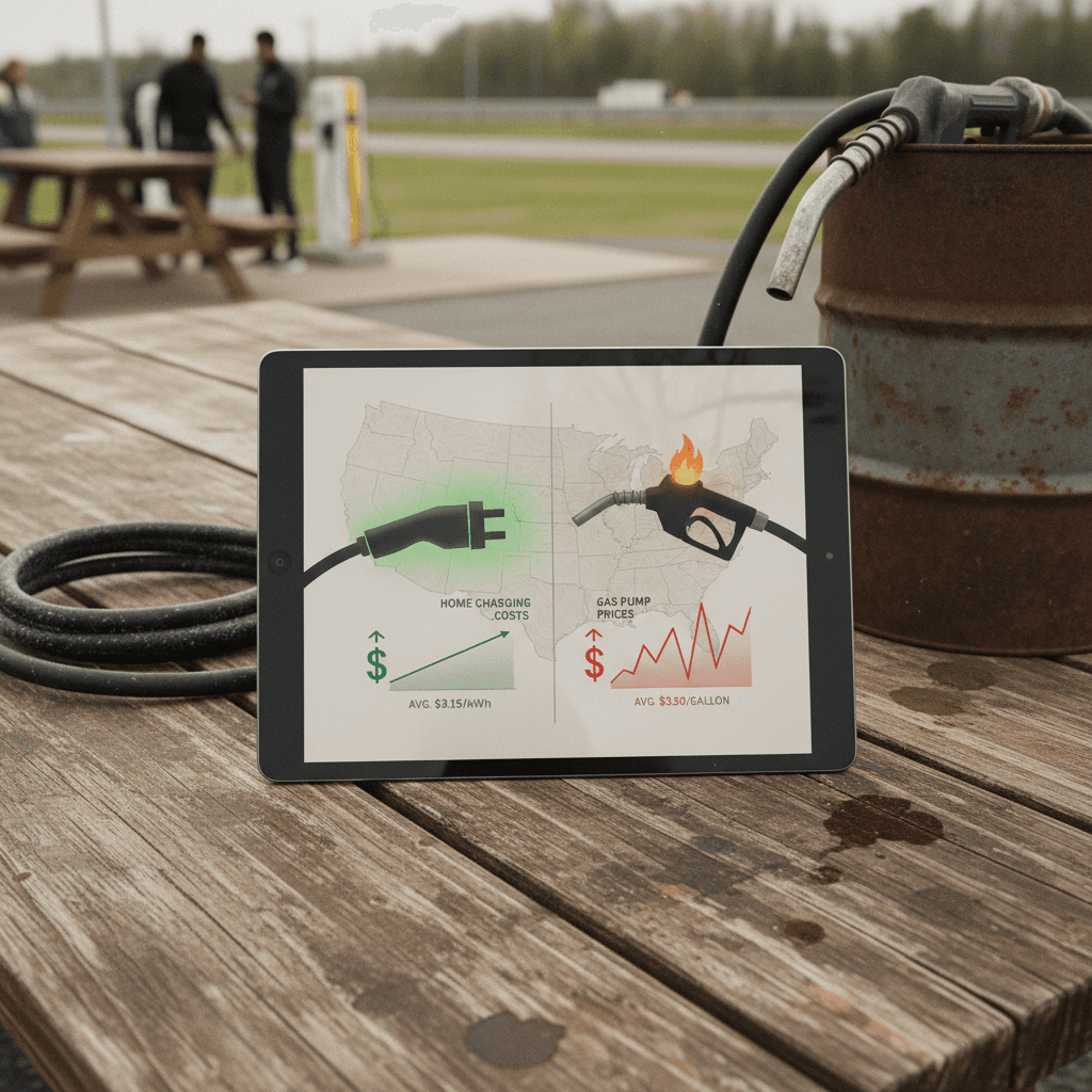 Illustrated comparison showing cost per 100 miles for an EV charged at home versus a gasoline car, overlaid on a U.S. map to suggest regional price differences