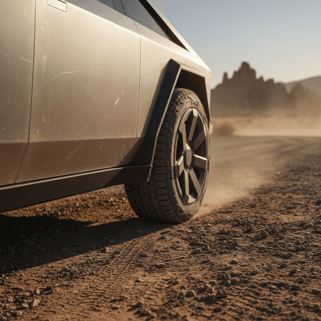 Close view of a Tesla Cybertruck stainless body panel and wheel on a rough road surface