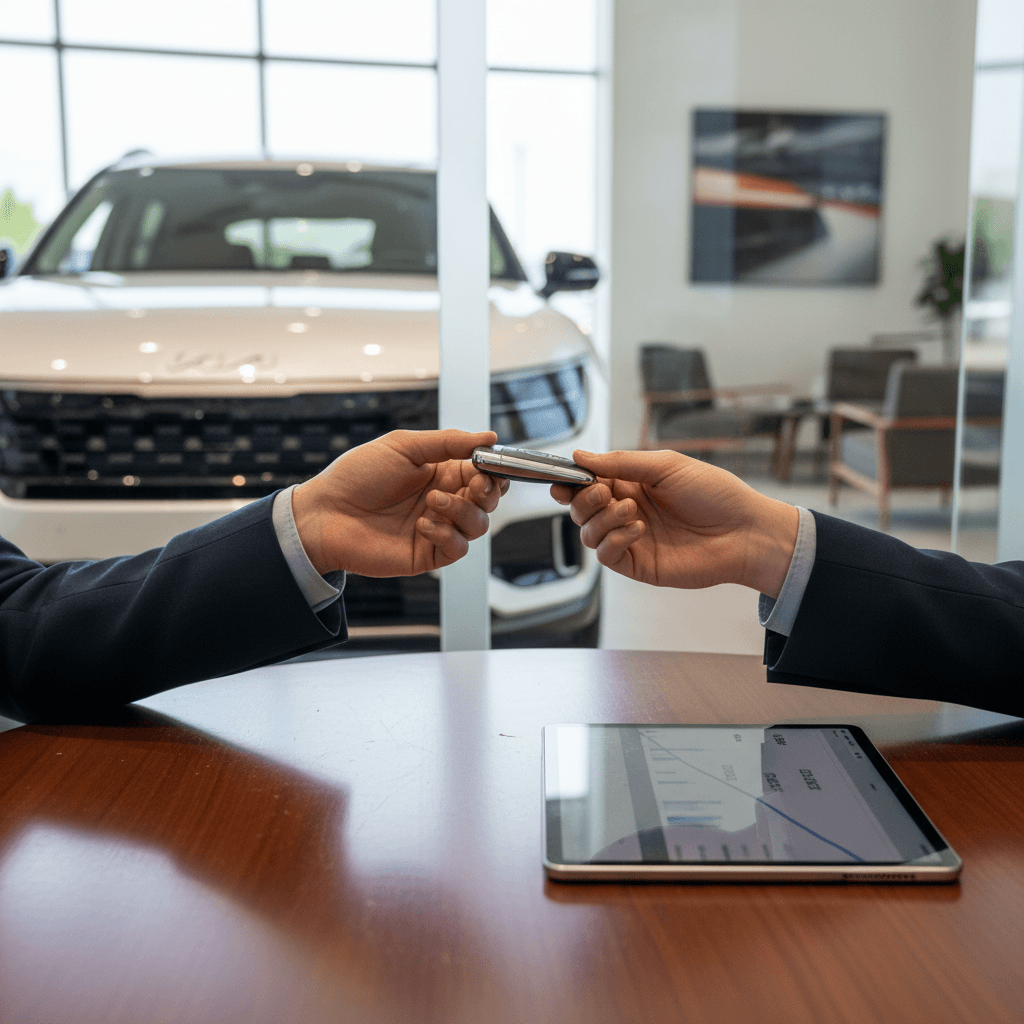 Seller and buyer reviewing a digital valuation report for a 2026 Kia EV9 before finalizing a deal