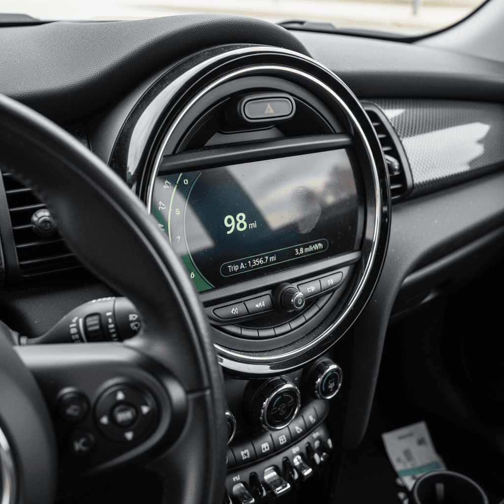 Mini Cooper SE dashboard screen showing range and trip computer, highlighting energy use and efficiency data