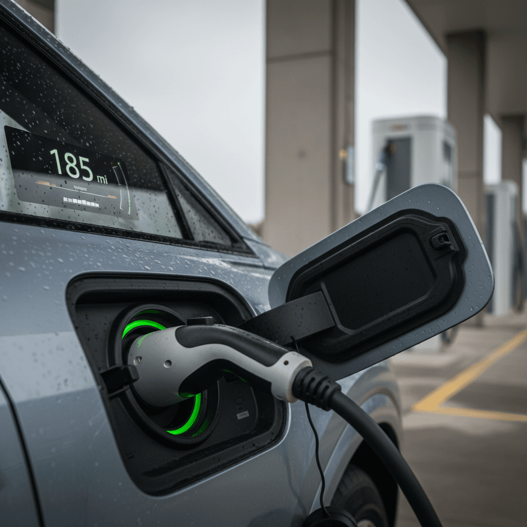 Close-up of an Audi Q4 e-tron charging port and digital instrument cluster showing battery range, illustrating how battery health affects resale value.