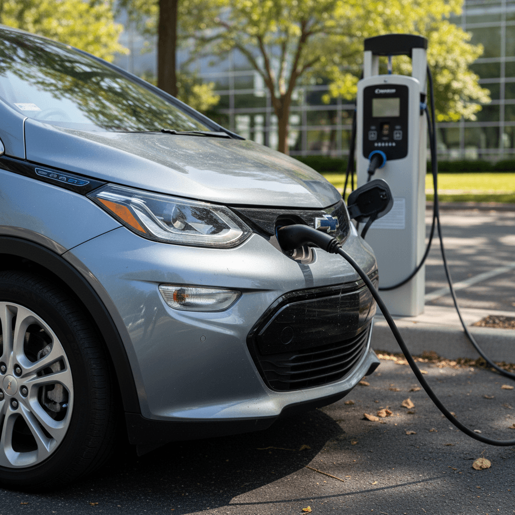 A 2022 Chevrolet Bolt EV plugged into a public Level 2 charging pedestal in a sunny parking lot
