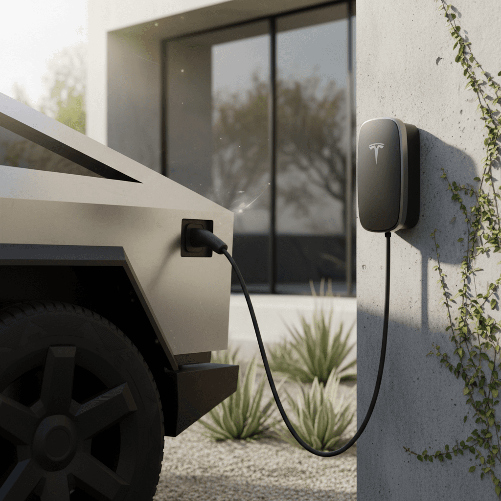 Tesla Cybertruck parked in a modern driveway plugged into a home wall connector