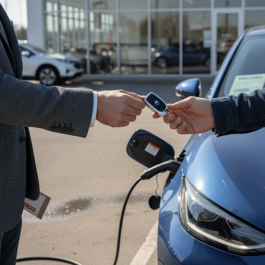 Salesperson handing car keys to a customer receiving a certified pre-owned car