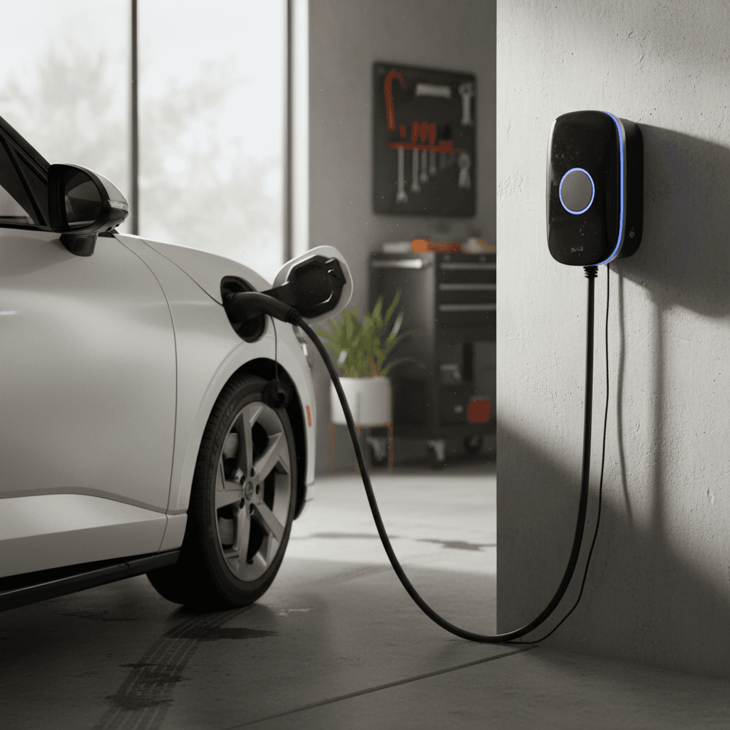Level 2 wallbox charger mounted in a residential garage, cable plugged into an electric SUV similar in size to a Genesis GV60