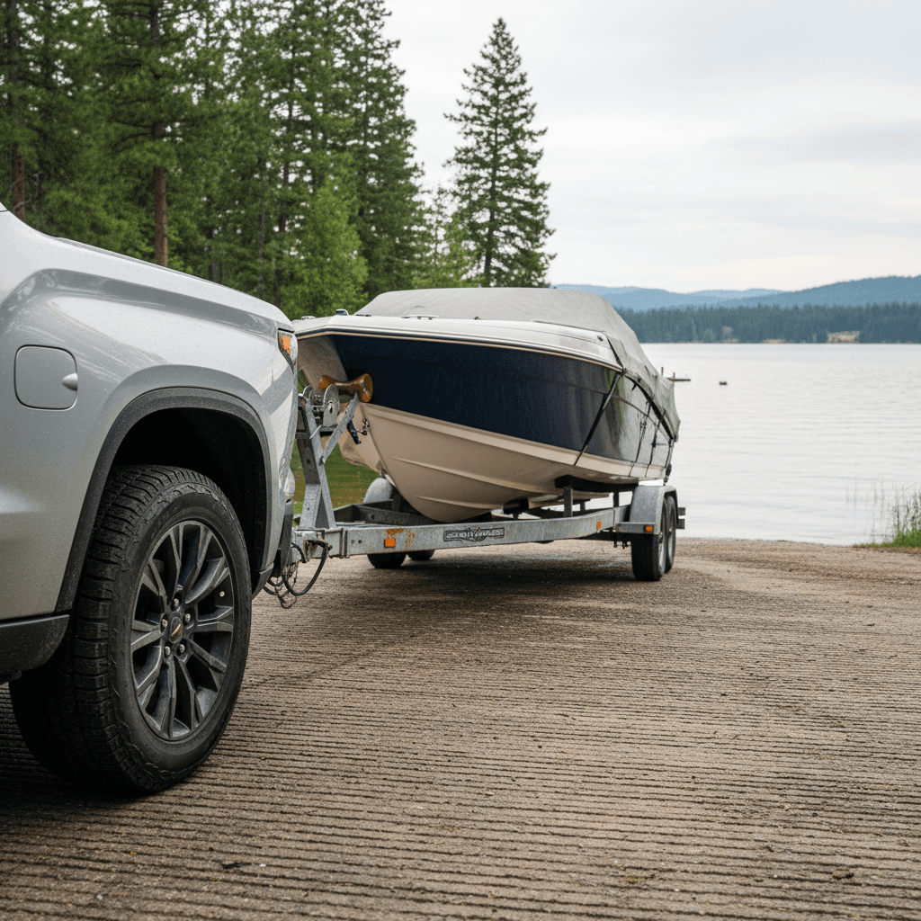 Chevy Silverado EV backing a tandem-axle trailer down a wet boat ramp while towing