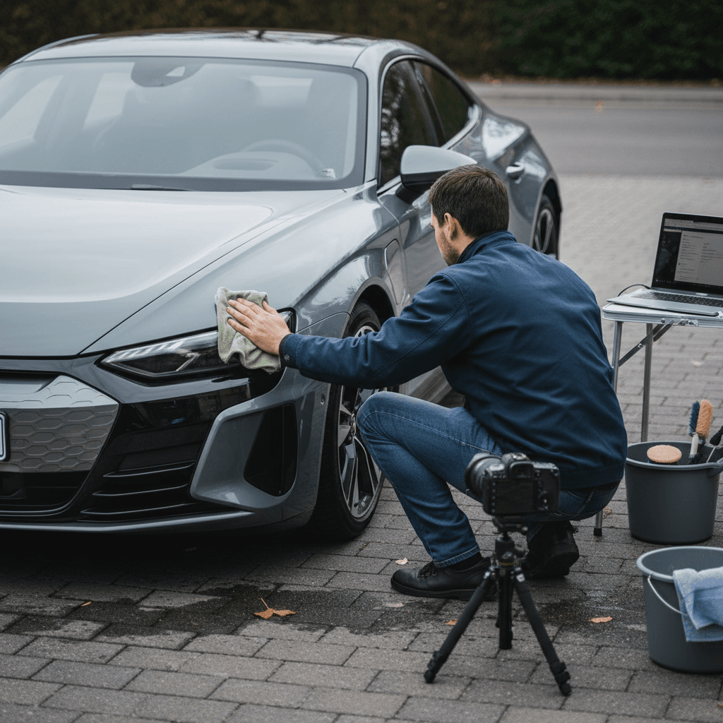 Owner detailing a grey Audi e-tron GT and taking photos before listing it for sale