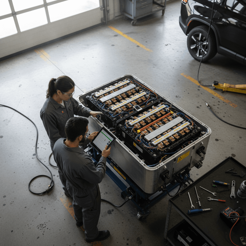 Technician inspecting a Rivian R1S battery pack while connected to diagnostic equipment in a service bay