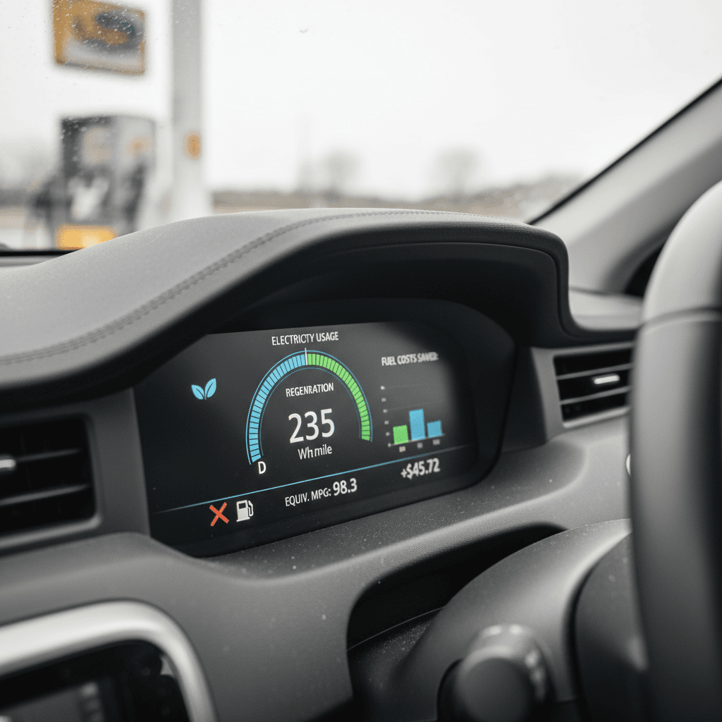 Electric car dashboard showing energy consumption and efficiency readout in kWh per 100 miles