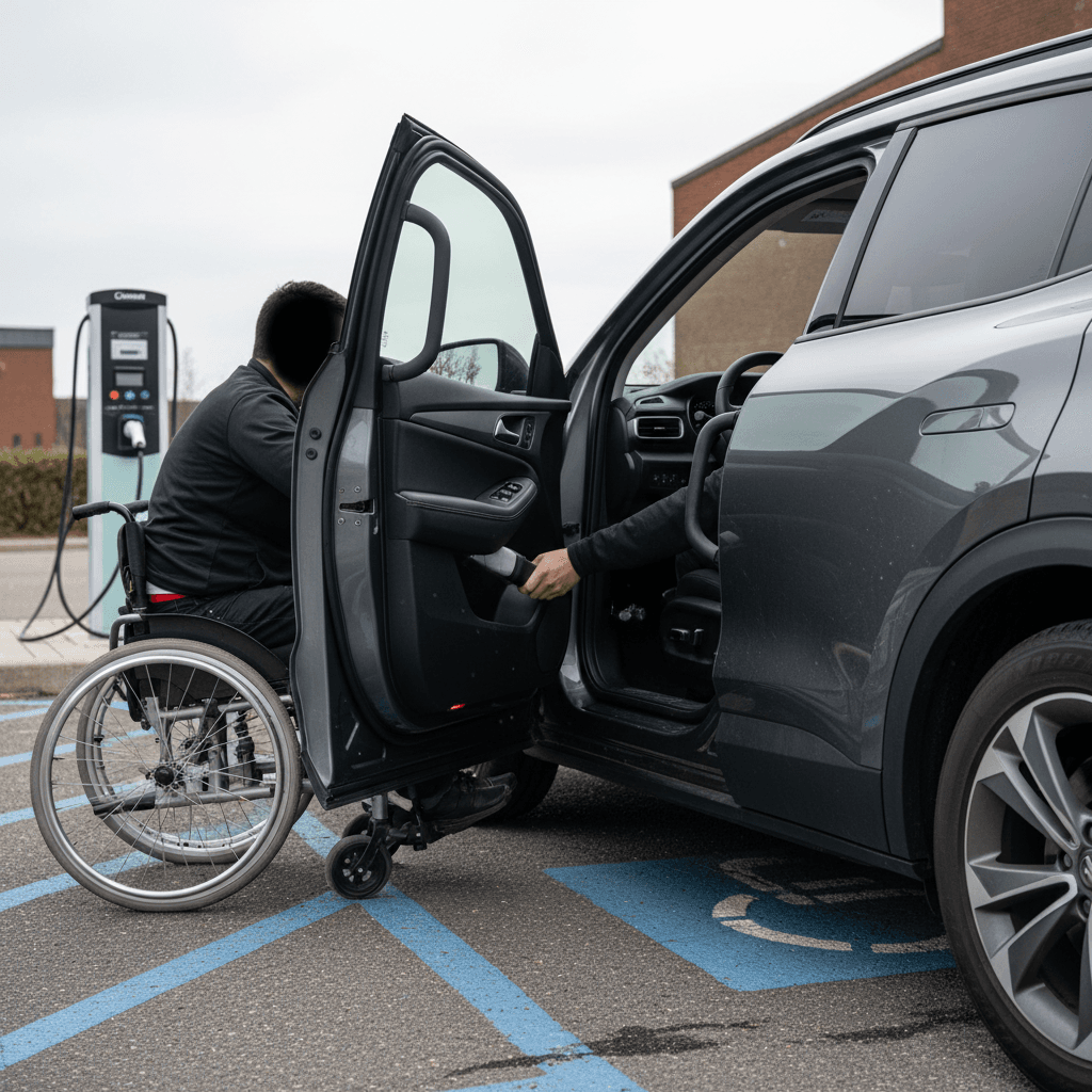 Driver transferring from a wheelchair into a higher‑riding electric SUV with wide door opening and grab handle