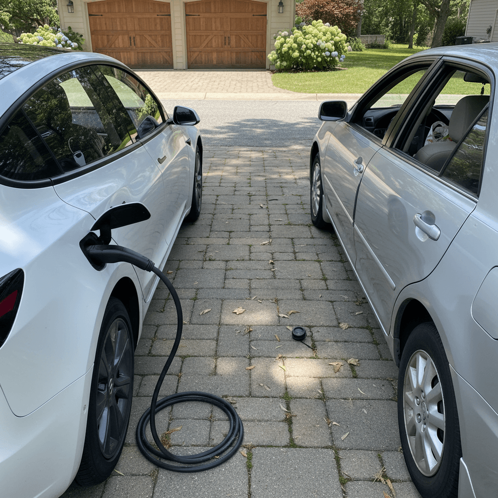White Tesla Model 3 and silver Toyota Camry parked side by side in a suburban driveway