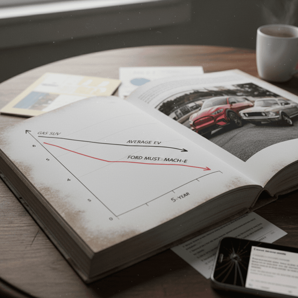Illustrated depreciation curve lines showing the Ford Mustang Mach-E losing value over five years compared with average EVs and gas SUVs