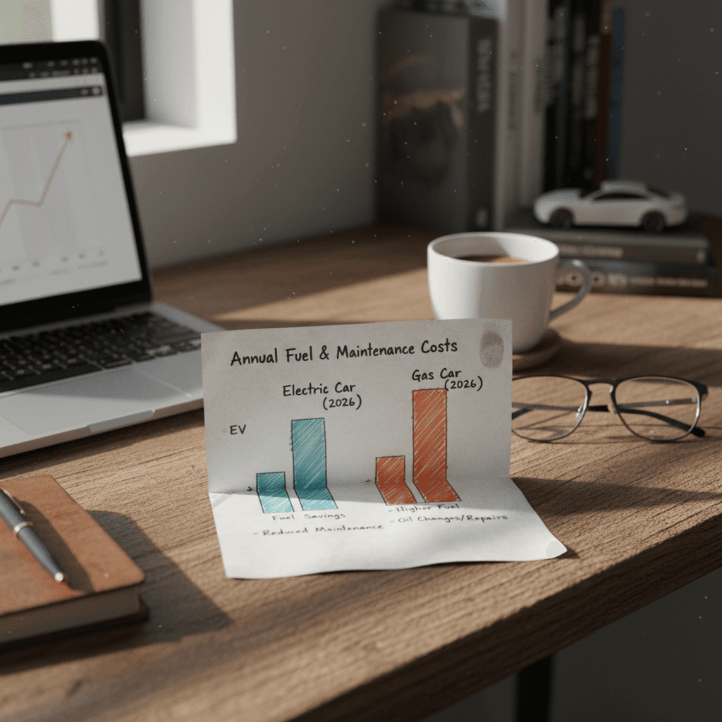 Side-by-side comparison graphic of yearly fuel and electricity costs for a typical gas car and electric car driven 12,000 miles in 2026.