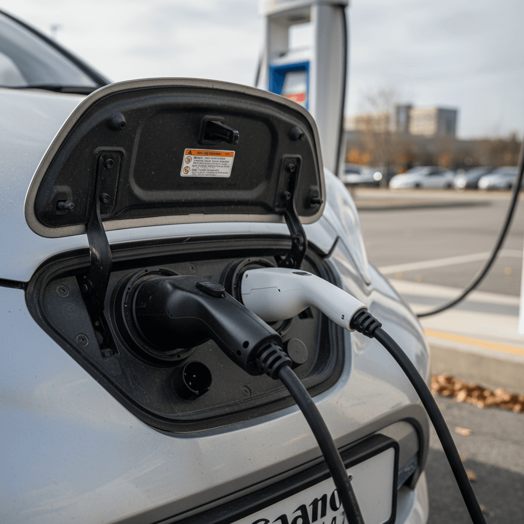 Close-up of Nissan Leaf front charging ports showing legacy CHAdeMO connector next to a newer NACS port adapter
