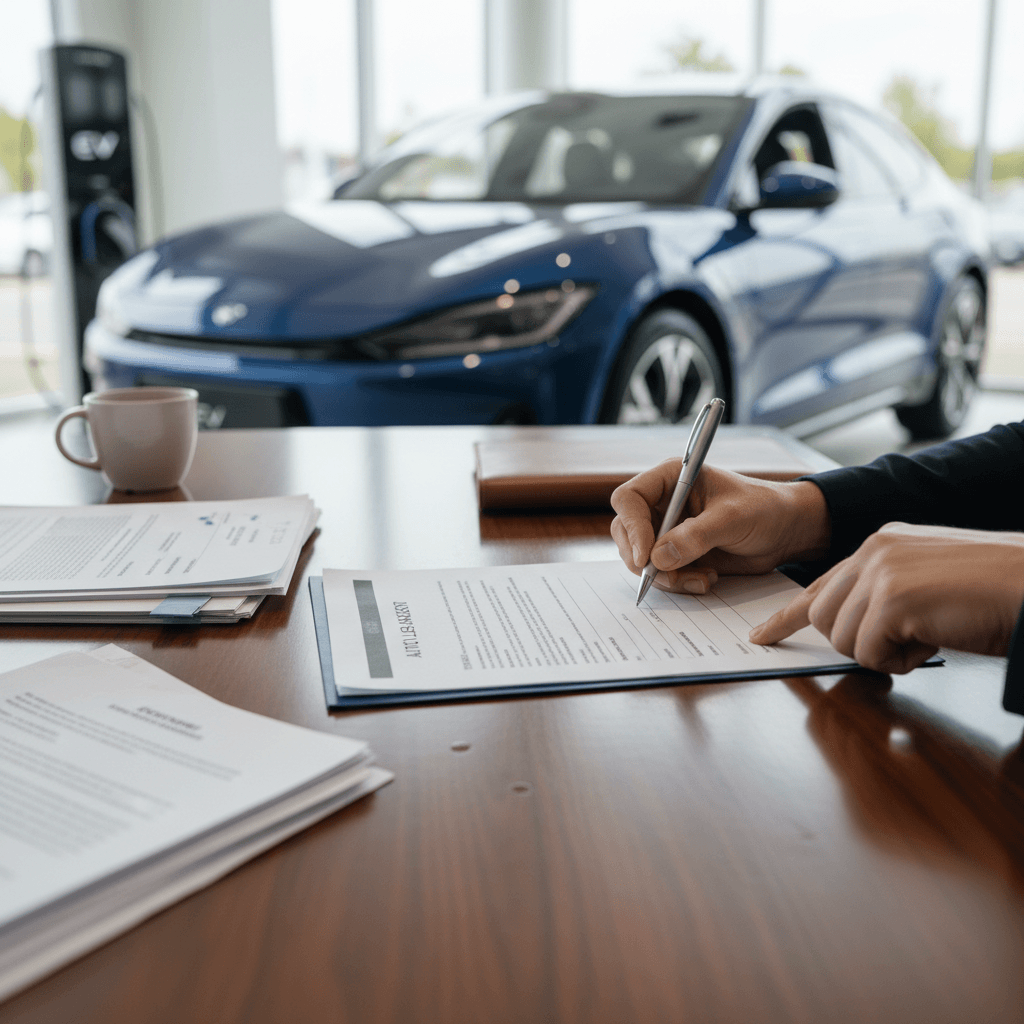 Customer reviewing and signing a car lease agreement at a dealership desk