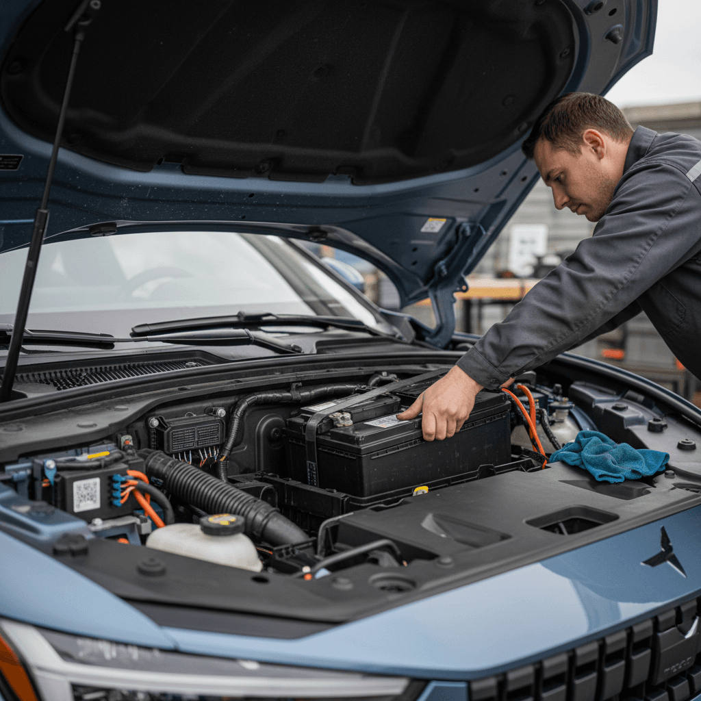 Technician accessing the Polestar 2 12V AGM battery under the front hood, with trim panels removed.