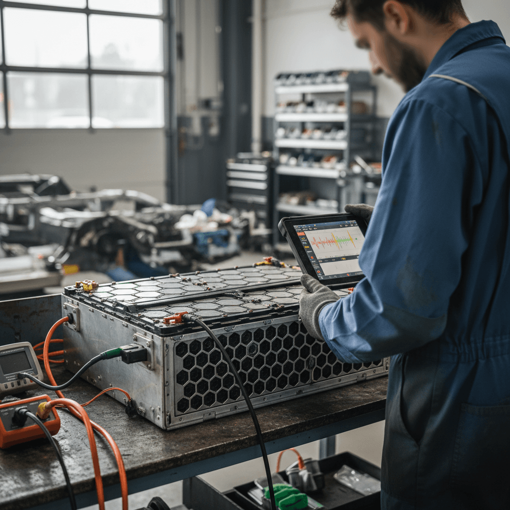 Mechanic inspecting the underside of an electric car on a lift