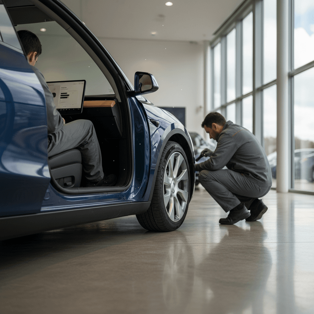 Technician inspecting a used Tesla Model Y on a showroom floor, checking wheels and interior condition