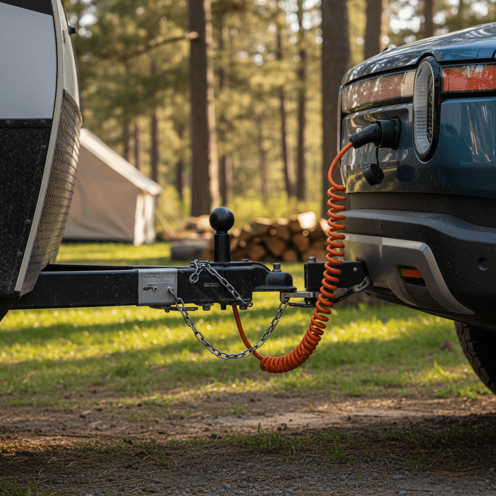 Rivian R1S hitched to a camping trailer at a wooded campsite, charge cable visible