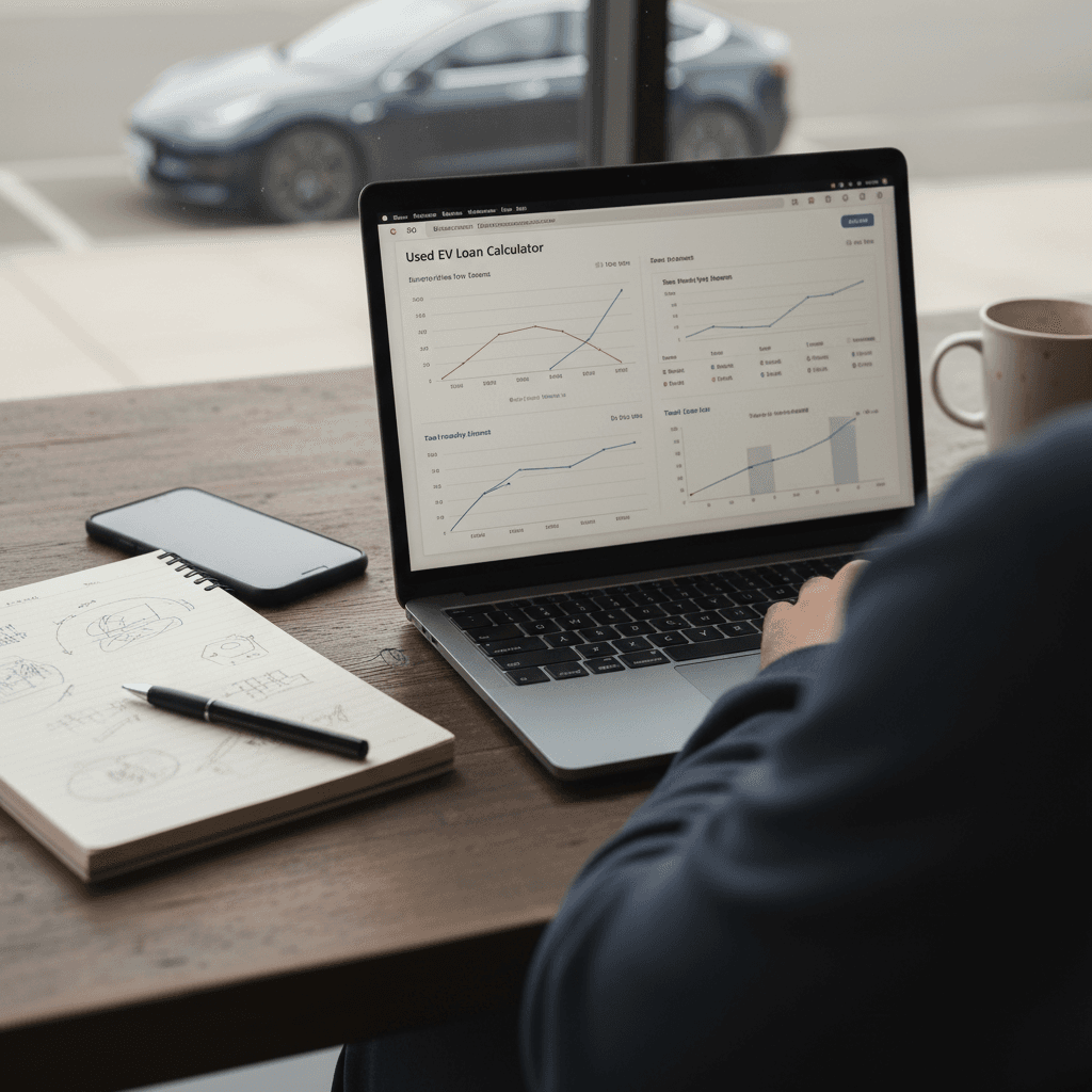 Buyer reviewing used Tesla financing offer and calculating monthly payments on a laptop