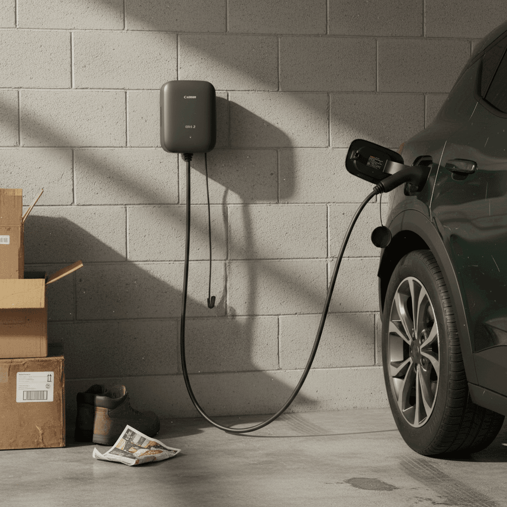 South Carolina home garage with a Level 2 EV charger mounted on the wall and an electric crossover plugged in