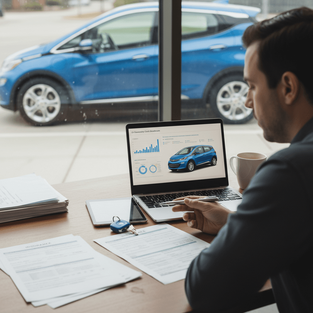 Chevrolet Bolt EV owner reviewing insurance documents with an agent, focusing on coverage options and monthly cost