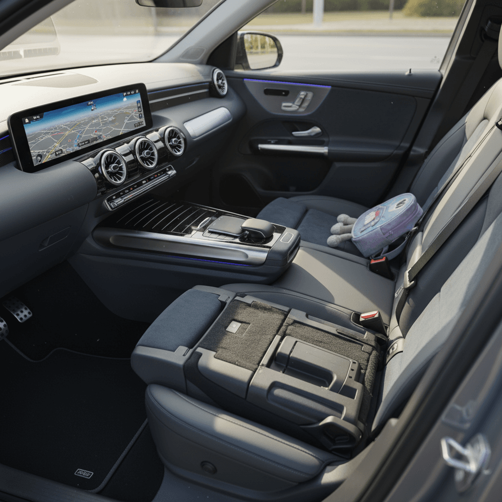 2024 Mercedes EQB interior view showing dashboard and second row, emphasizing practical three-row layout in a compact cabin