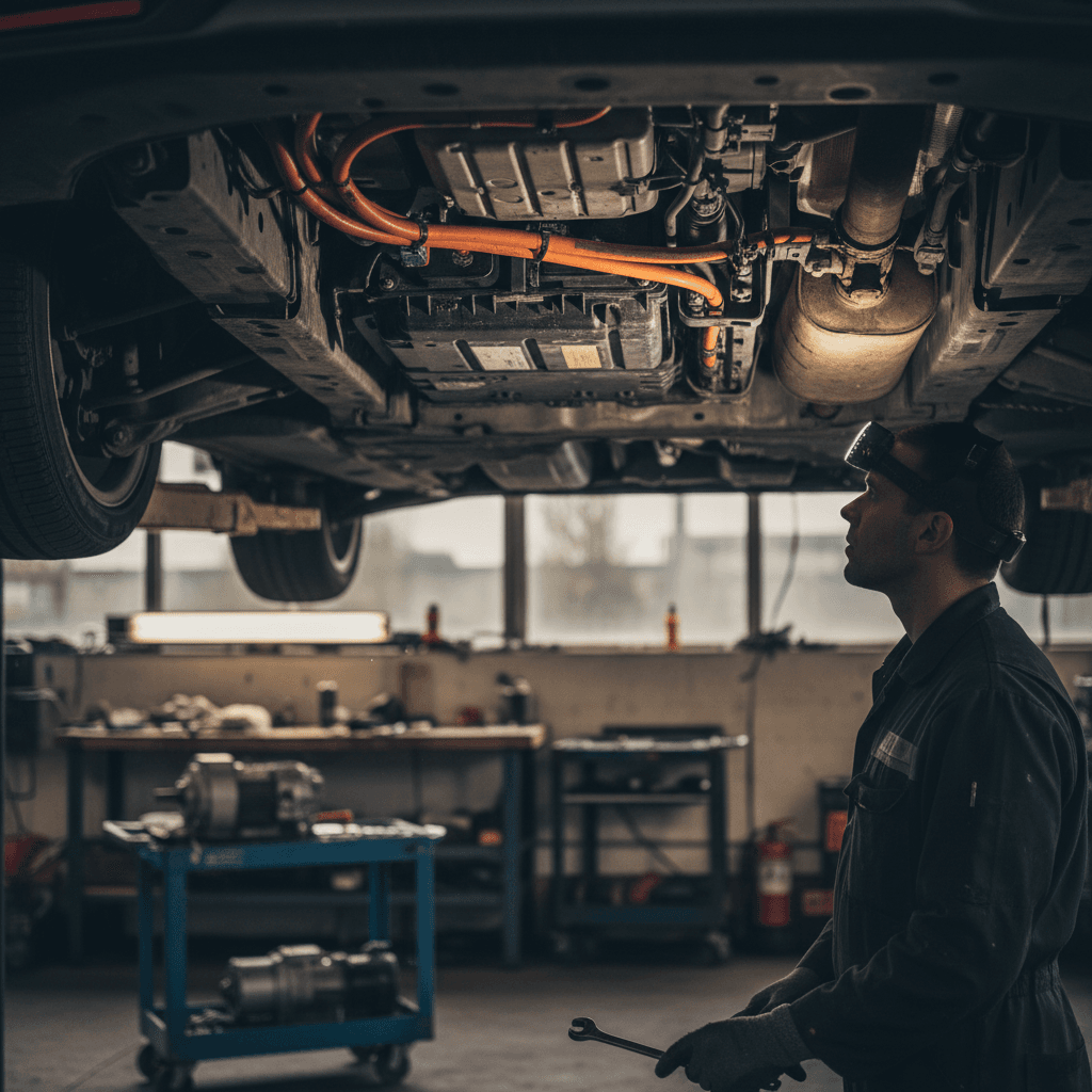 Mechanic inspecting the engine bay of a modern plug-in hybrid vehicle