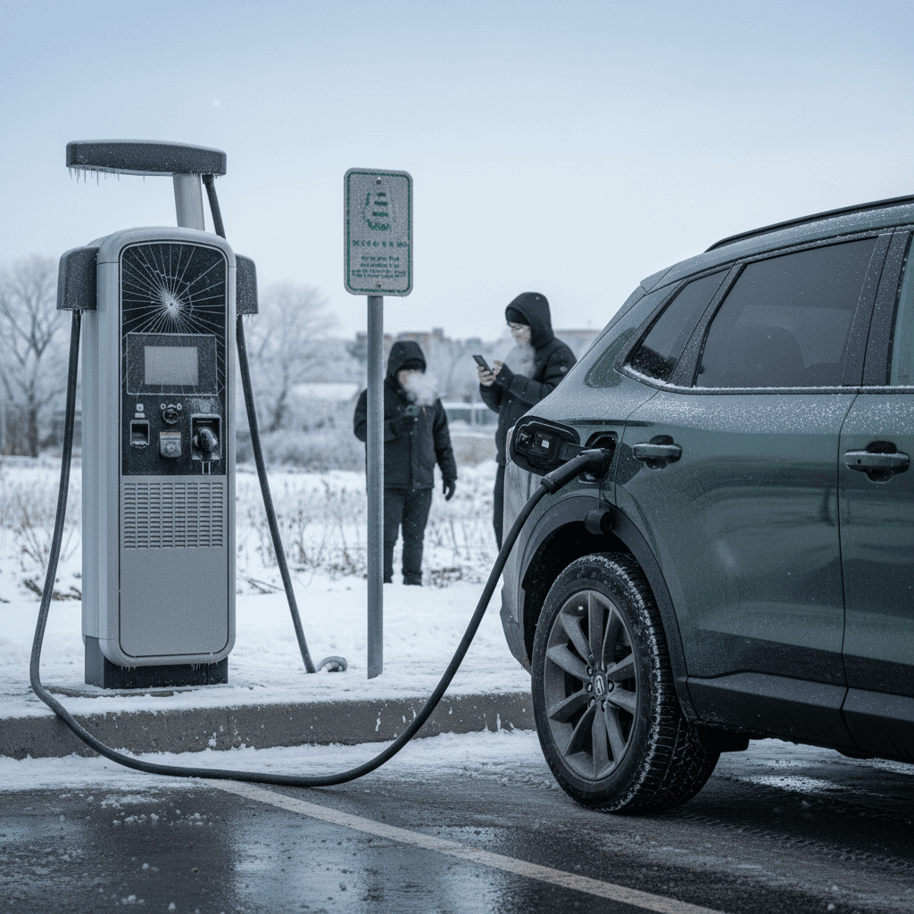 Honda Prologue charging at a public fast charger on a cold winter day with snow piled nearby
