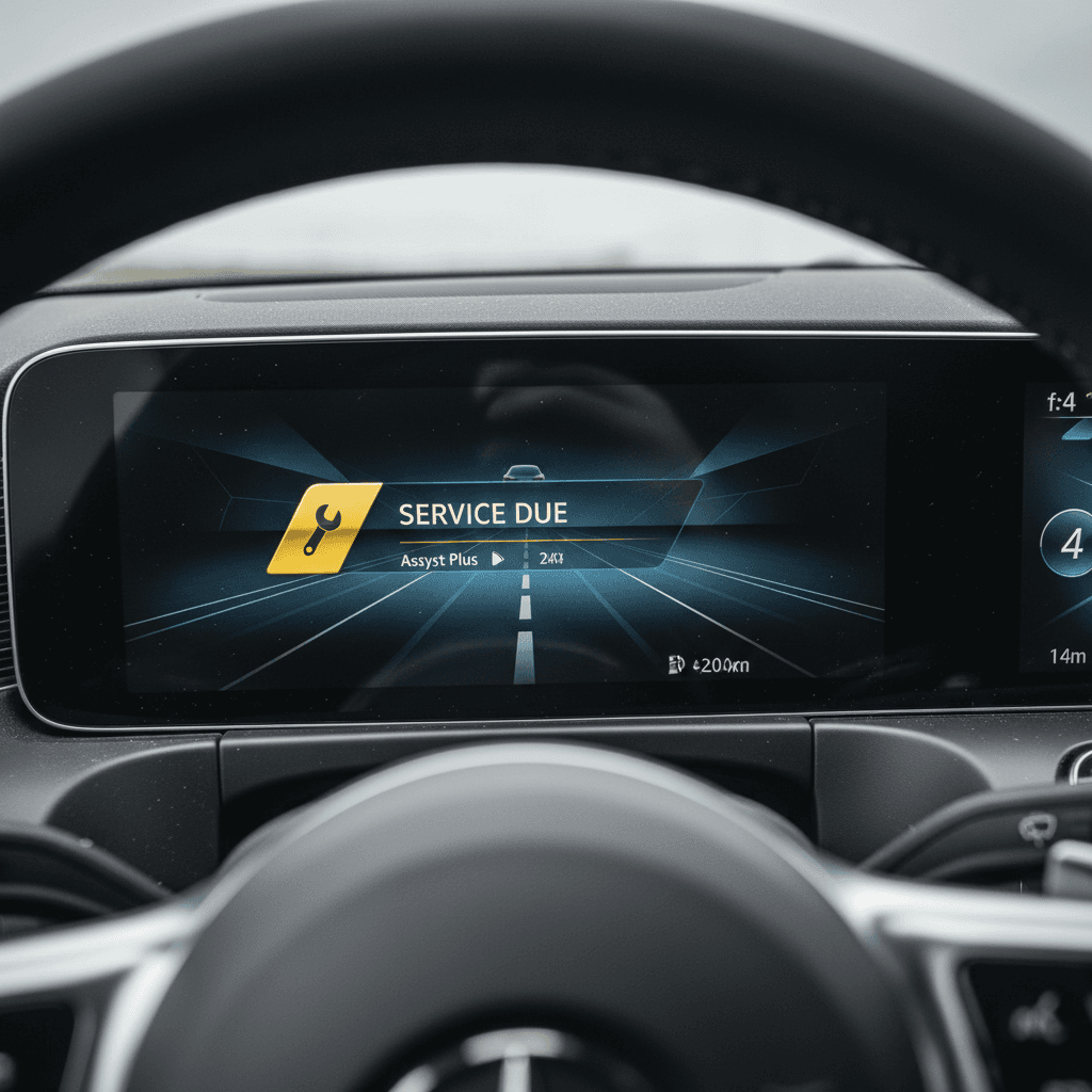 Mercedes EQB digital instrument cluster showing a service reminder and remaining mileage