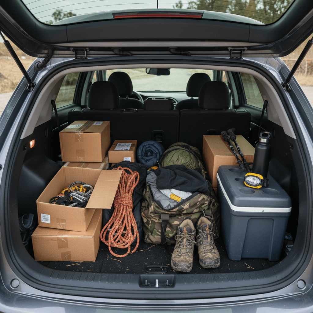 Kia Niro EV rear seats folded flat with boxes and camping gear arranged across the cargo floor