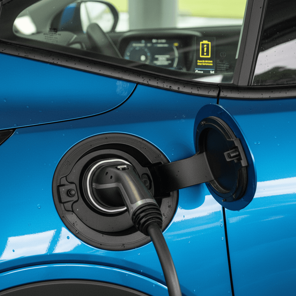 Close-up of a Chevrolet Bolt EUV charging port and dashboard battery warning indicator