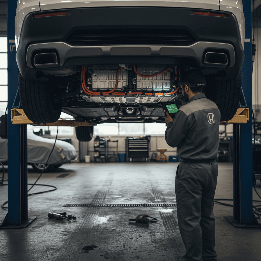 Mechanic inspecting the underbody battery pack of a Honda Prologue on a lift