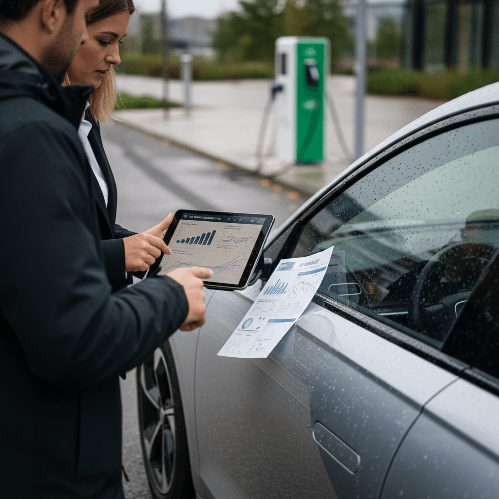 Insurance agent and Hyundai IONIQ 6 owner discussing coverage next to the parked electric sedan