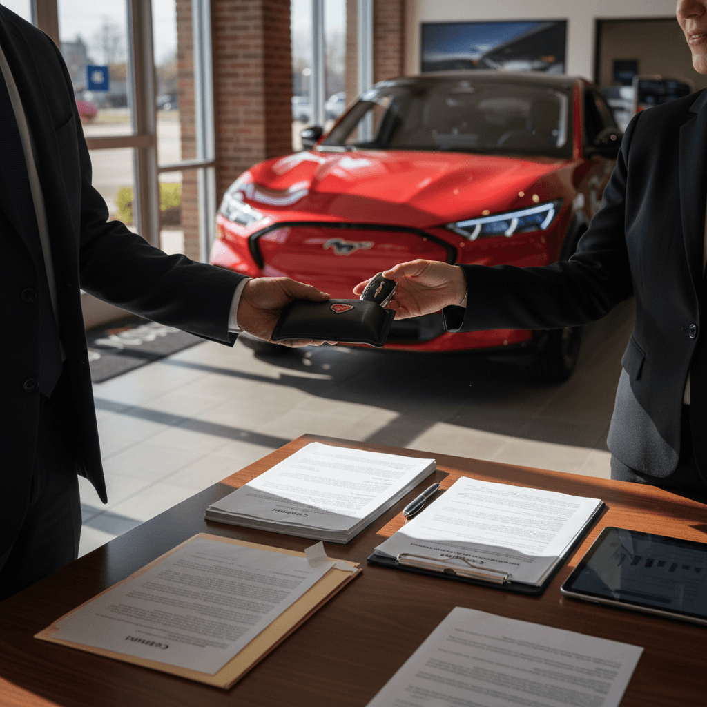 Seller handing keys of a Ford Mustang Mach‑E to a buyer while signing paperwork at a dealership desk