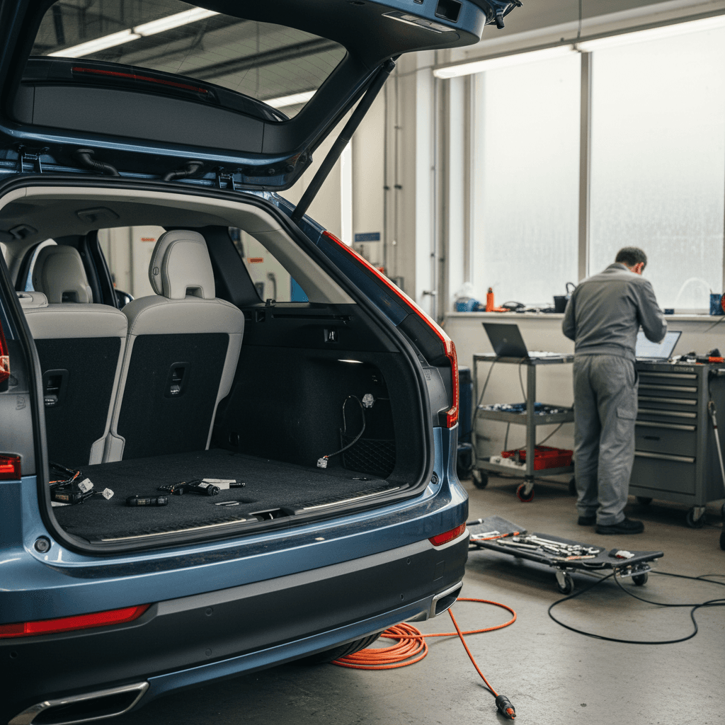 Volvo EX90 in a service bay with open rear tailgate and visible second-row seat area