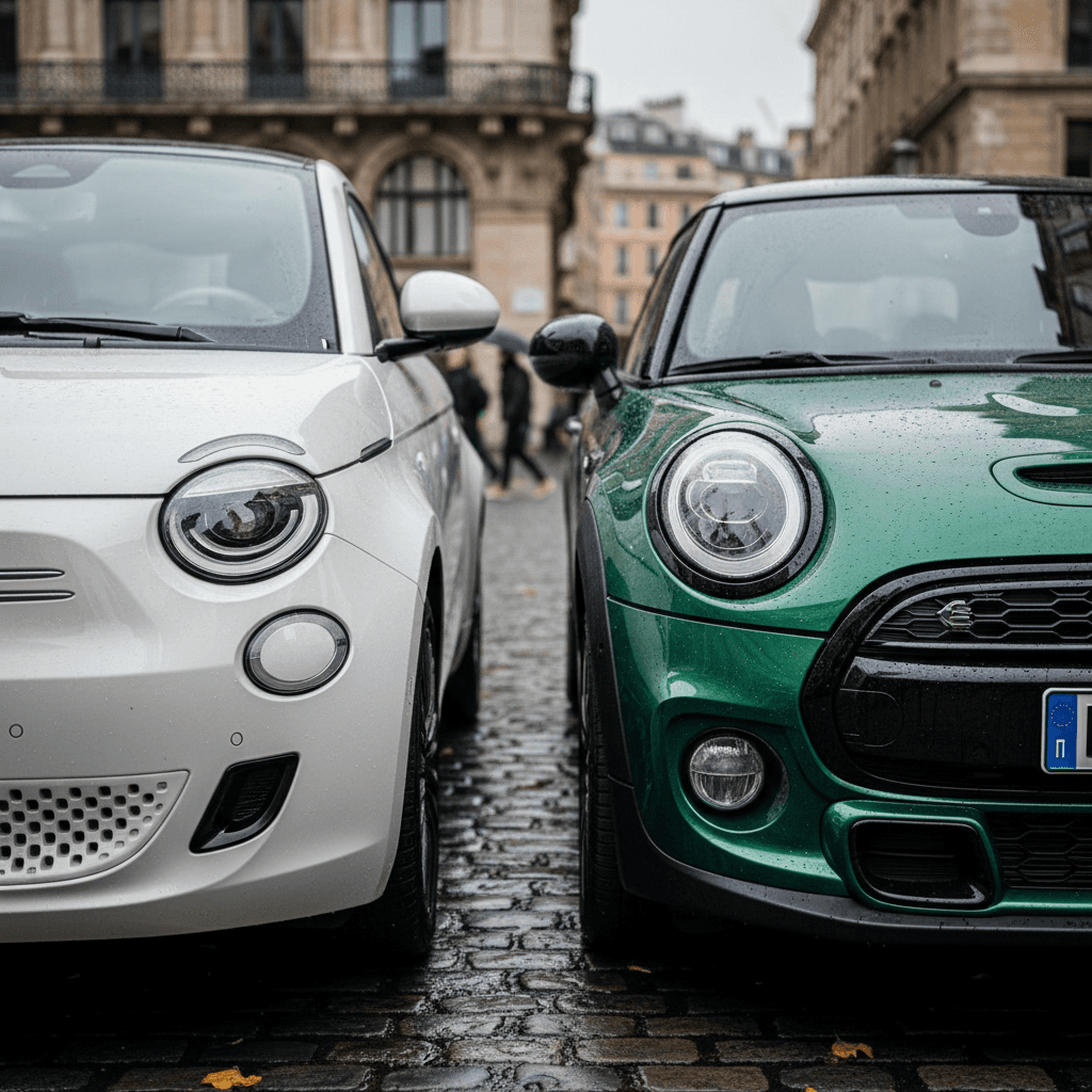 Front three-quarter view of Fiat 500e and Mini Cooper SE parked on a tight urban street